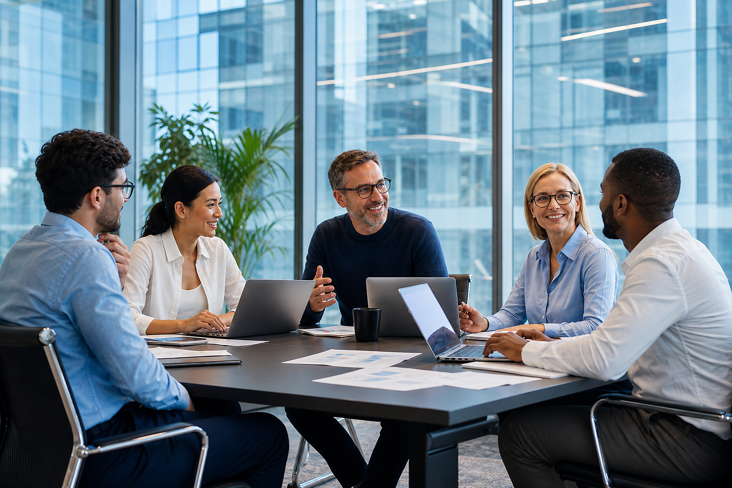 Product workshop around a conference table in a bright office