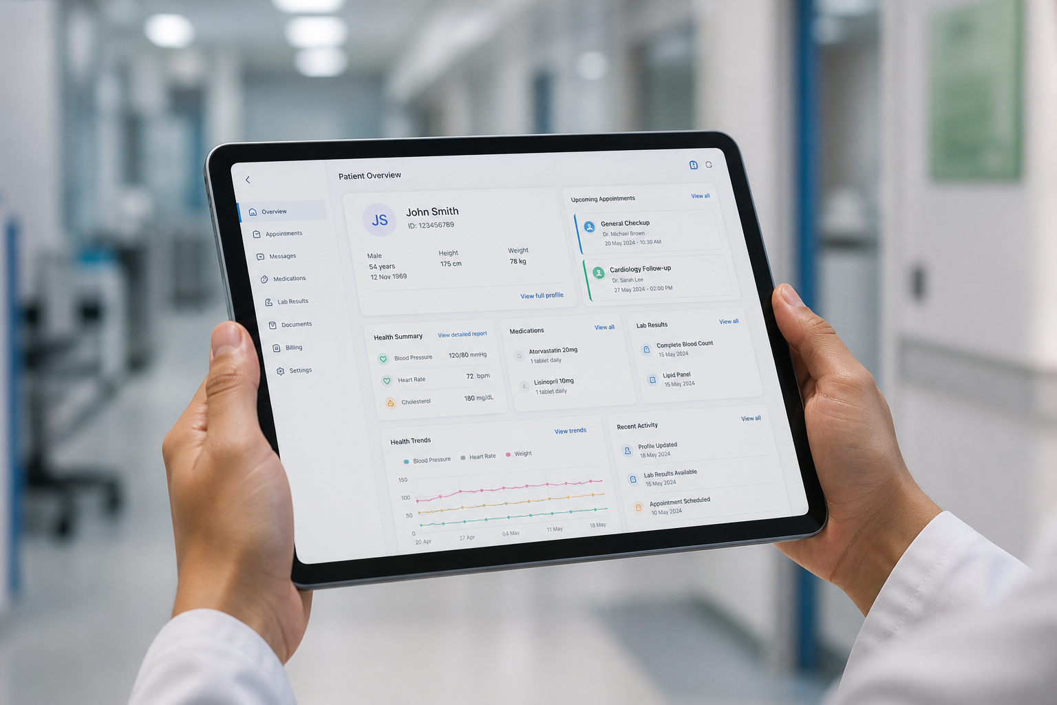 Clinician reviewing a patient-care dashboard on a tablet in a bright clinic corridor