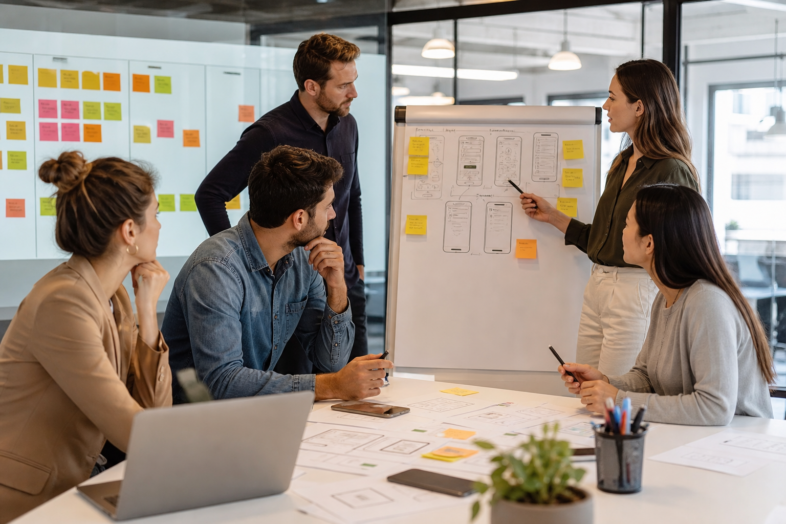 Founders and engineers planning an MVP roadmap in a workshop