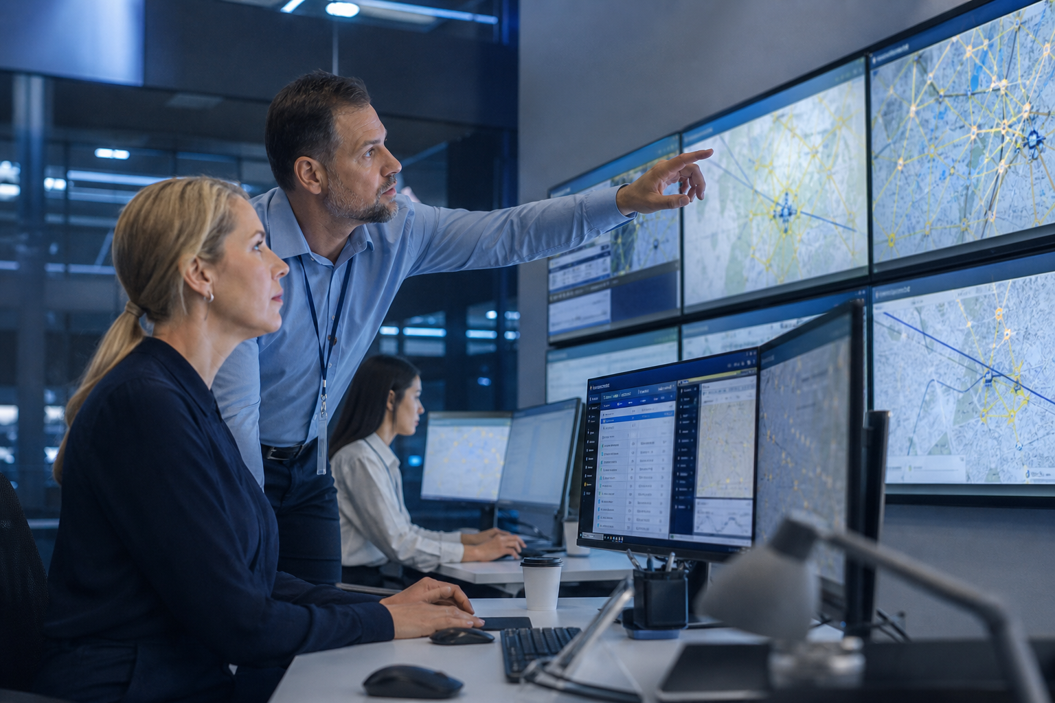 Logistics operations managers tracking shipments on control-room monitors