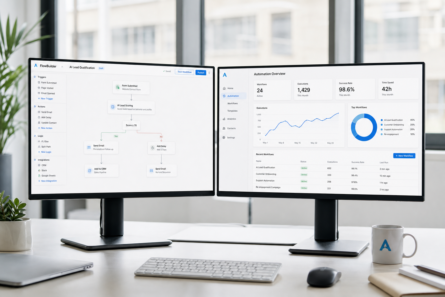 Dual monitors showing light-mode AI automation dashboards in a bright office