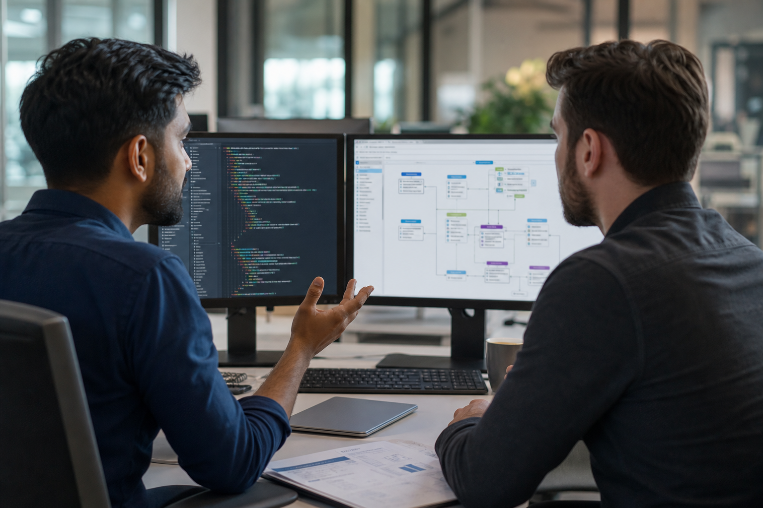 Engineers collaborating on systems in a modern infrastructure environment